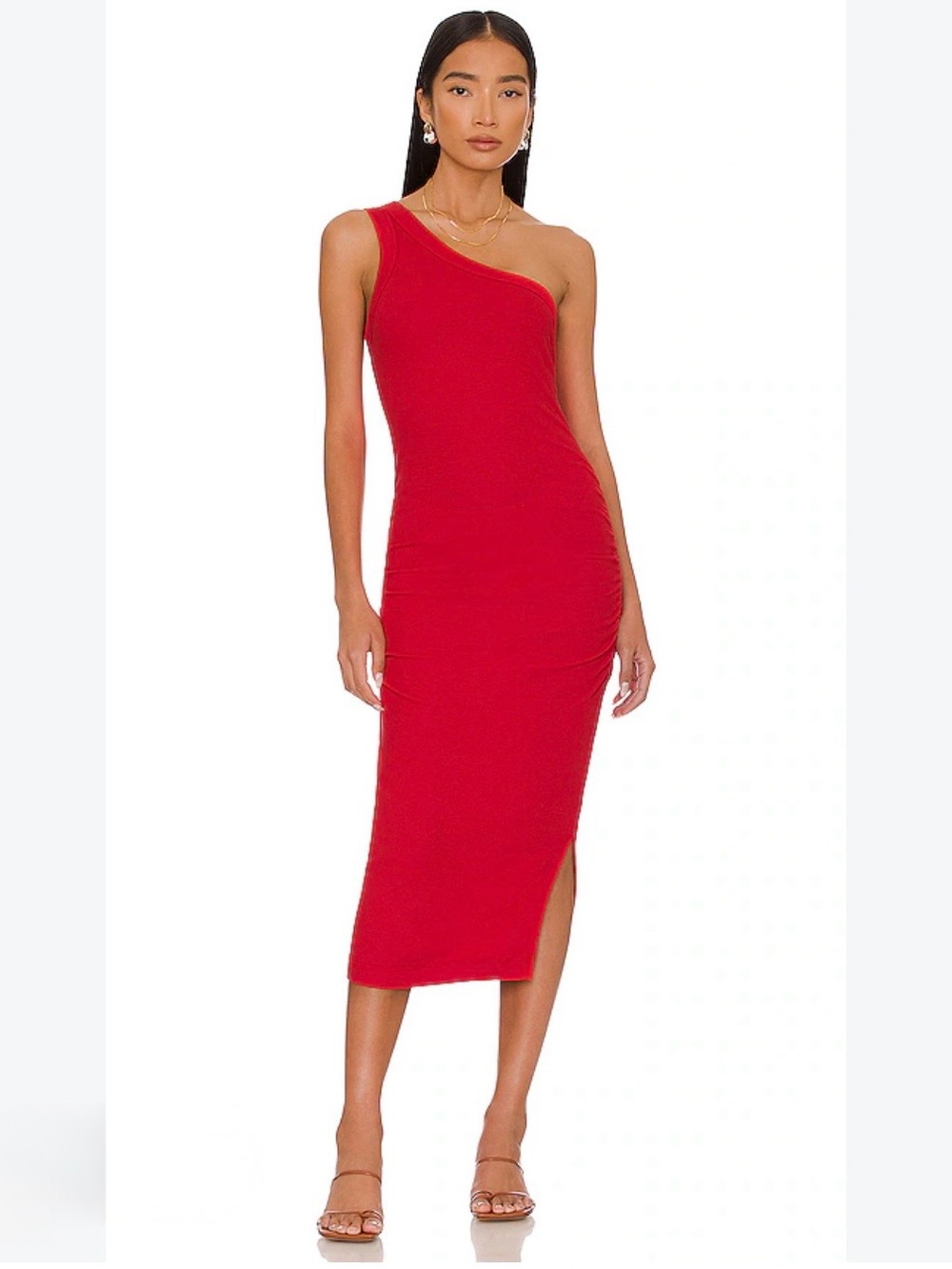 Michael Stars Salsa Red One Shoulder Ribbed Ruched Coco Midi Dress Size Small